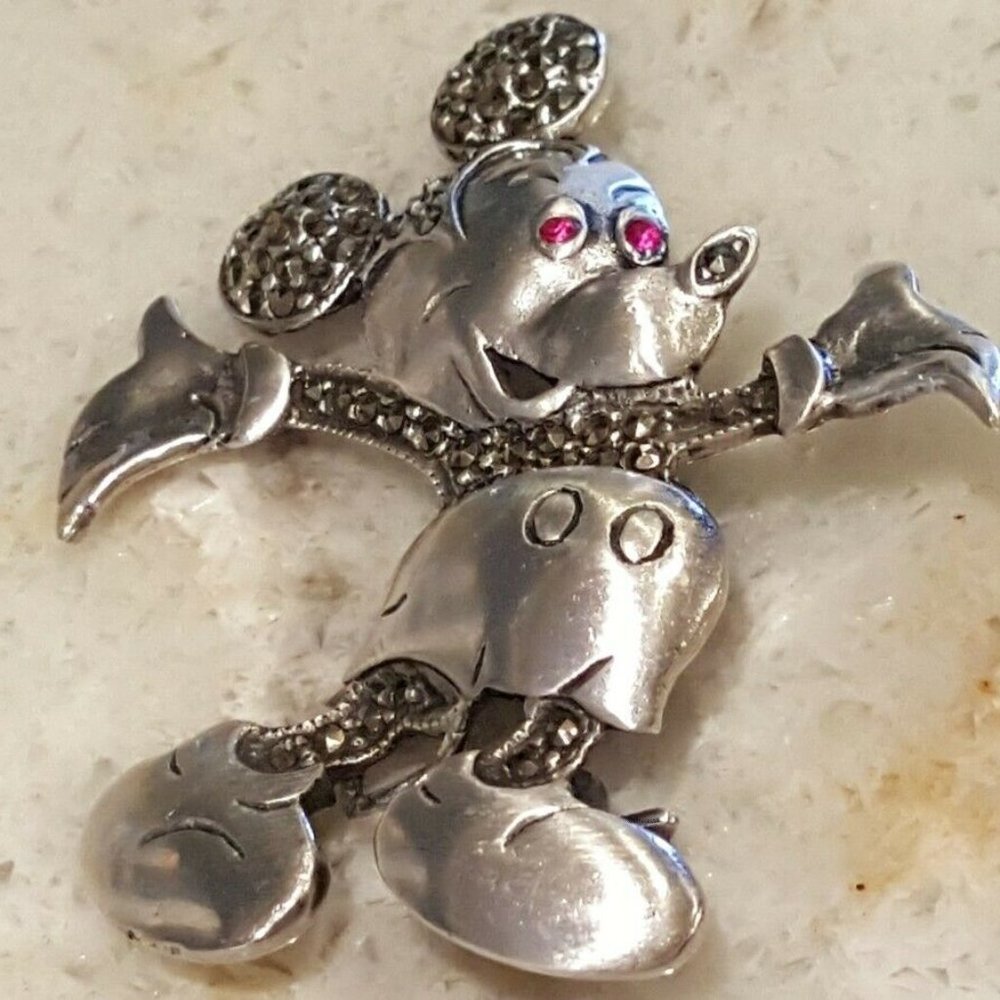 Mickey Mouse Sterling Silver Ruby & Marcasite Stones Pendant 13 Grams